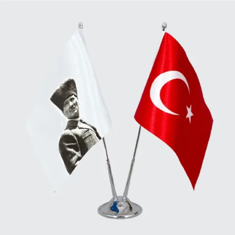 Atatürk & Türk Bayrağı Çift Direkli Masa Seti - Masa Bayrağı Seti, Atatürk ve Türk Bayrağı · Bayrak & Flama