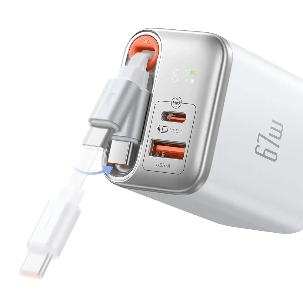 Mcdodo CH-4103 Freego 67w GaN Hızlı   Dahili Geri Sarılabilir Type-c Kablolu Şarj Cihazı Beyaz
