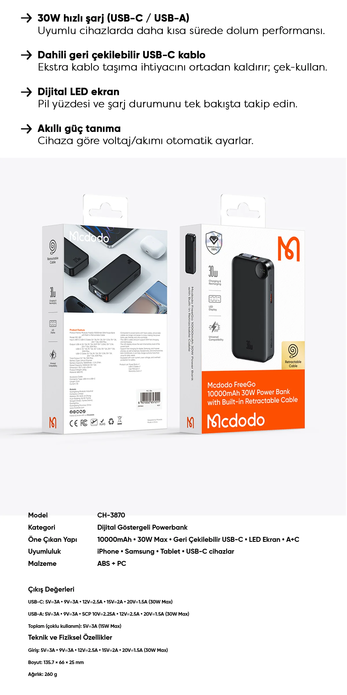 Mcdodo MC-3870 10000mAh 30w A+c Dijital Göstergeli Powerbank (Dahili Type-c Geri Çekilebilir Kablo) ürün afişi · bölüm 3