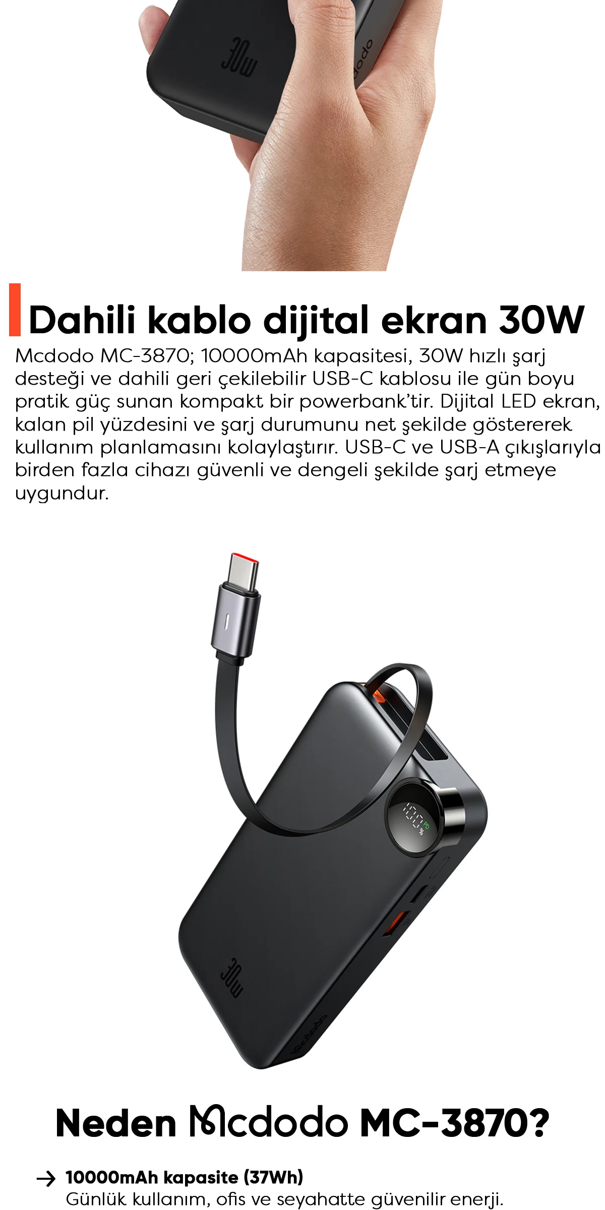 Mcdodo MC-3870 10000mAh 30w A+c Dijital Göstergeli Powerbank (Dahili Type-c Geri Çekilebilir Kablo) ürün afişi · bölüm 2